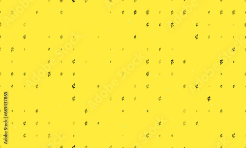 Seamless background pattern of evenly spaced black cent symbols of different sizes and opacity. Vector illustration on yellow background with stars