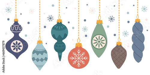 Set of holiday ornaments. Collection of beautiful glass balls and decorations for Christmas tree.