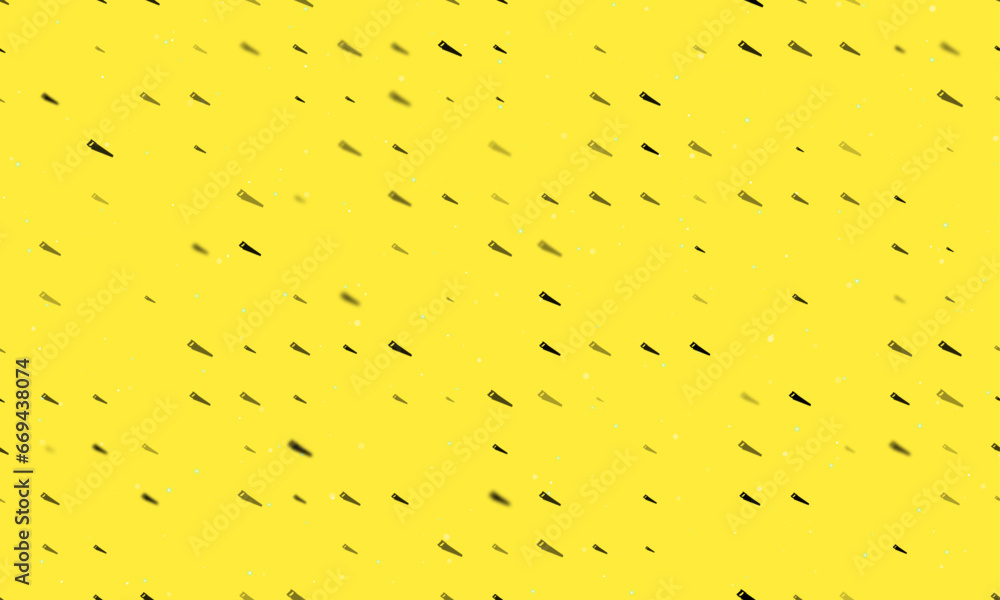 Seamless background pattern of evenly spaced black hand saw symbols of different sizes and opacity. Vector illustration on yellow background with stars Seamless background pattern of evenly spaced black hand saw symbols of different sizes and opacity. Vector illustration on yellow background with stars