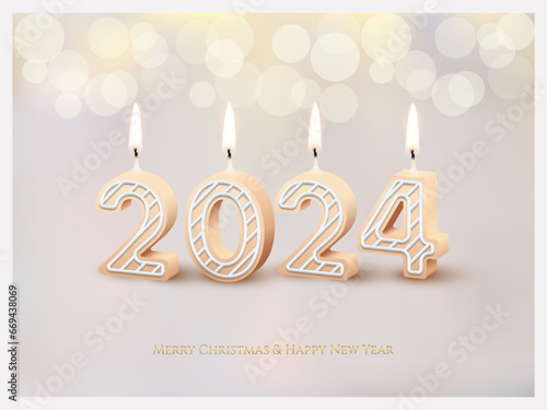 2024 New Year and Merry Christmas holiday party celebrating, 2024 candle numbers with fire. Candlelight beige decor with bokeh and blur for romantic celebration. Greeting card vector illustration
