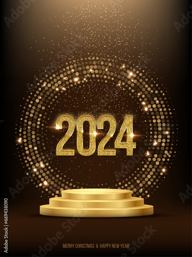 2024 gold numbers in shiny circle on golden podium vector vertical banner template. Winter holiday, New Year and Christmas congratulations. Festive postcard, luxurious greeting card concept