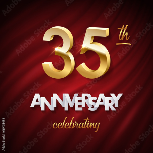 35 golden numbers, Anniversary white paper text and Celebrating word made of golden ribbons on red curtain background. Vector thirty fifth anniversary celebration event square template