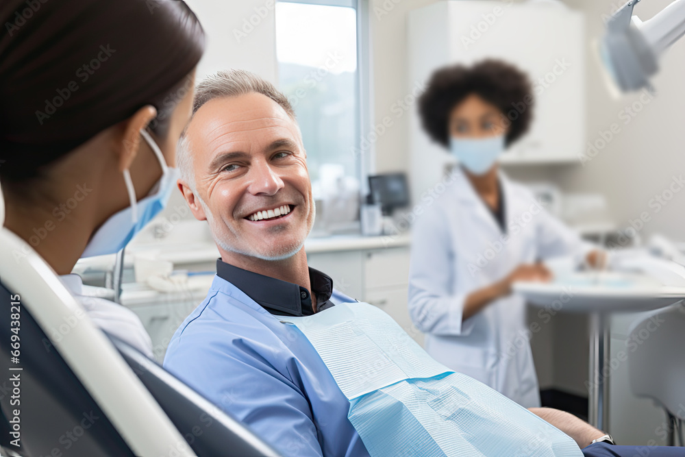 Dentist and Patient in Dentist Office, Friendly Tooth Clinic, Happy Patient, Generative AI Illustration Dentist and Patient in Dentist Office, Friendly Tooth Clinic, Happy Patient, Generative AI Illustration