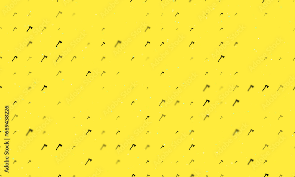 Seamless background pattern of evenly spaced black ax symbols of different sizes and opacity. Vector illustration on yellow background with stars Seamless background pattern of evenly spaced black ax symbols of different sizes and opacity. Vector illustration on yellow background with stars