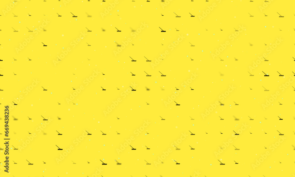 Seamless background pattern of evenly spaced black rake symbols of different sizes and opacity. Vector illustration on yellow background with stars Seamless background pattern of evenly spaced black rake symbols of different sizes and opacity. Vector illustration on yellow background with stars