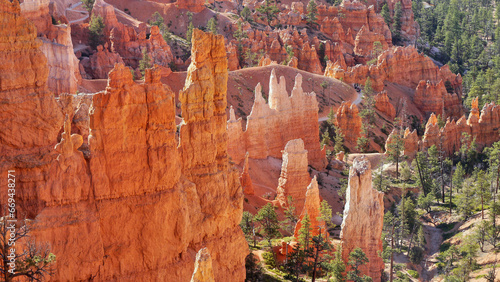 Fairytale landscape of glowing rock towers in the American Bryce Canyon.