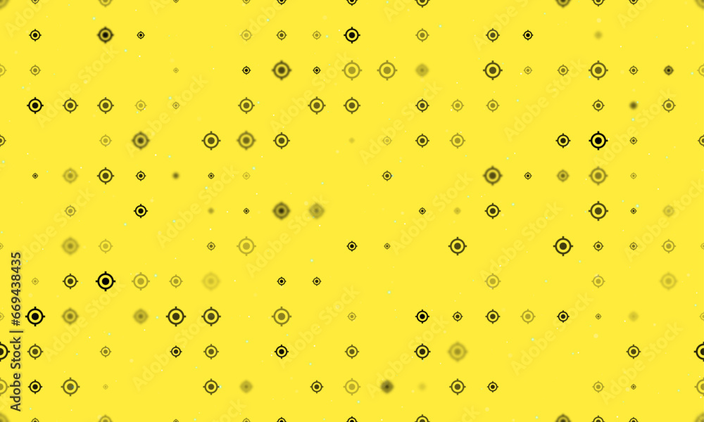 Seamless background pattern of evenly spaced black crosshair symbols of different sizes and opacity. Vector illustration on yellow background with stars Seamless background pattern of evenly spaced black crosshair symbols of different sizes and opacity. Vector illustration on yellow background with stars