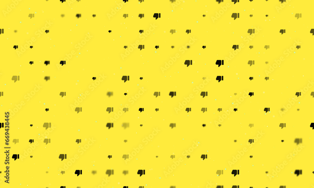 Seamless background pattern of evenly spaced black thumb down symbols of different sizes and opacity. Vector illustration on yellow background with stars Seamless background pattern of evenly spaced black thumb down symbols of different sizes and opacity. Vector illustration on yellow background with stars