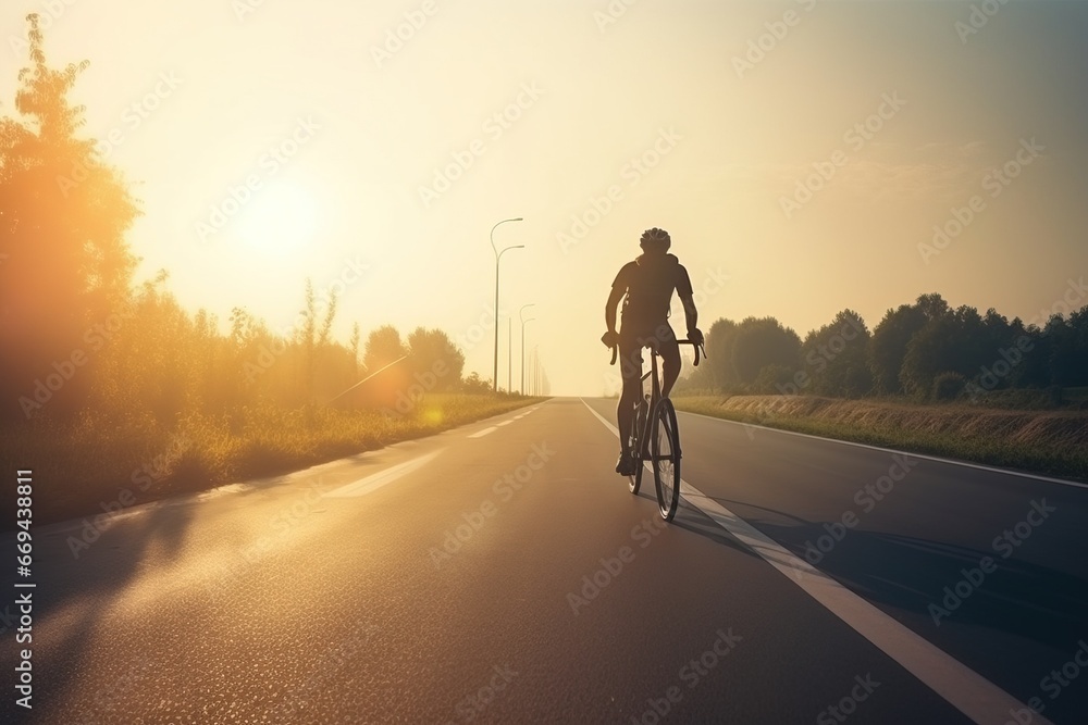 A bicycle with a cyclist rider at sunset on a highway. Active healthy sport hobby. AI generated.
