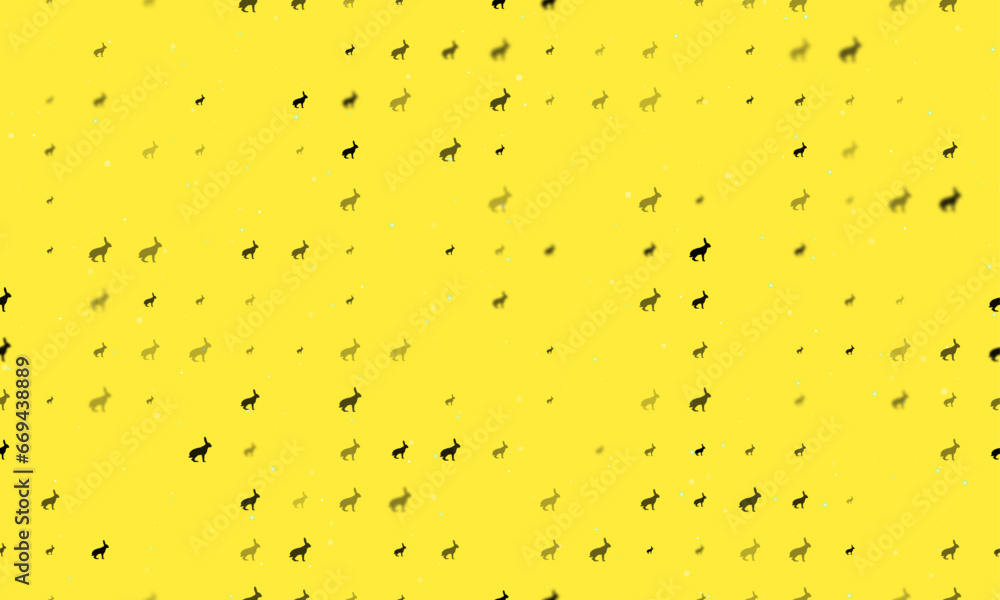 Seamless background pattern of evenly spaced black hare symbols of different sizes and opacity. Vector illustration on yellow background with stars Seamless background pattern of evenly spaced black hare symbols of different sizes and opacity. Vector illustration on yellow background with stars