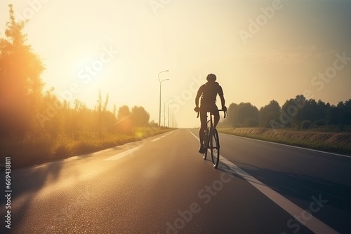A bicycle with a cyclist rider at sunset on a highway. Active healthy sport hobby. AI generated. © Serhii