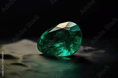 Emerald is a rare precious natural stone on a black background. AI generated. Header banner mockup with space.