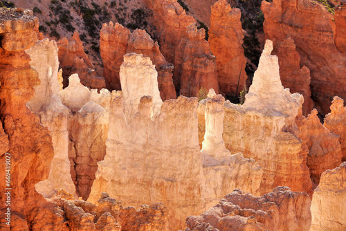 Fairytale landscape of glowing rock towers in the American Bryce Canyon.