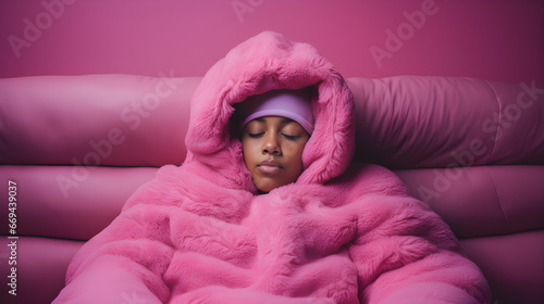 A girl in a fur coat sleeps on a pink sofa
