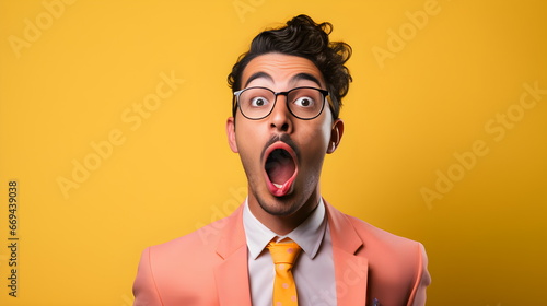 Strong emotions of a man in a suit. Astonishment. Yellow background.