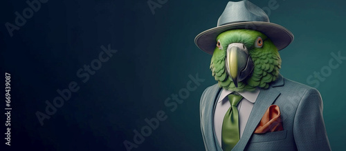 Mr green parrot gentleman in boss hat and scientist. AI generated photo