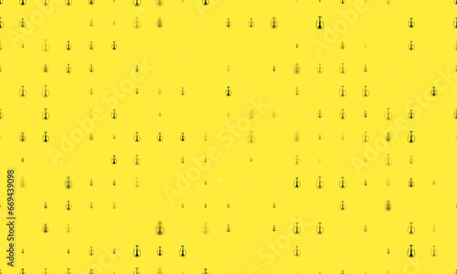Seamless background pattern of evenly spaced black hookah symbols of different sizes and opacity. Vector illustration on yellow background with stars