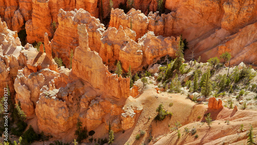 Fairytale landscape of glowing rock towers in the American Bryce Canyon.