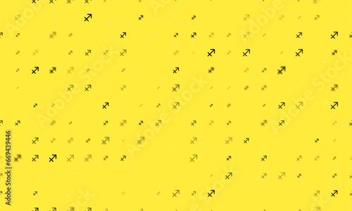 Seamless background pattern of evenly spaced black zodiac sagittarius symbols of different sizes and opacity. Vector illustration on yellow background with stars