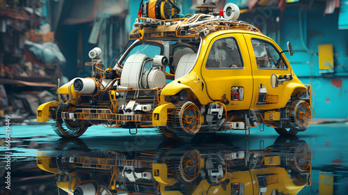 Retro-Futuristic Vehicular Aesthetics: Old Yellow Cyberpunk Car