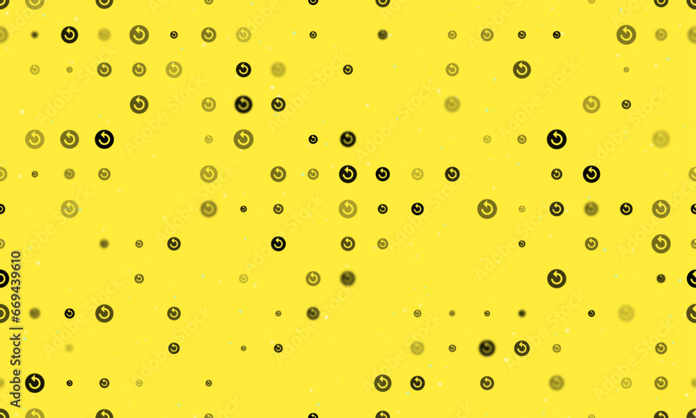 Seamless background pattern of evenly spaced black replay media symbols of different sizes and opacity. Vector illustration on yellow background with stars