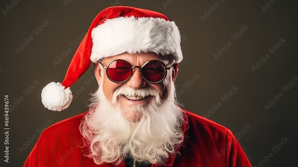 Santa Claus laughs Wearing sunglasses and a black background in rock singer style.