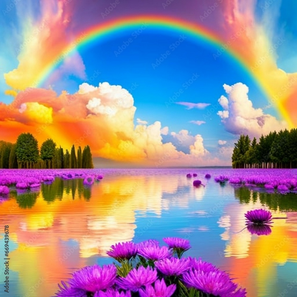 spring landscape with rainbow, lake with flowers, abstract, surreal, dreamlike, stylized - of painting style, vivid colors, detailed, high resolution, other wordly, fantastic
