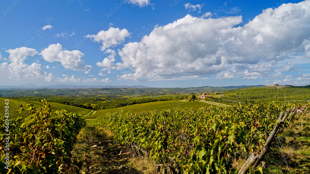 Le colline e i vigneti del Castello di Brolio sul percorso dell'Eroica . Panorama autunnale. Chianti, Toscana. Italia Le colline e i vigneti del Castello di Brolio sul percorso dell'Eroica . Panorama autunnale. Chianti, Toscana. Italia