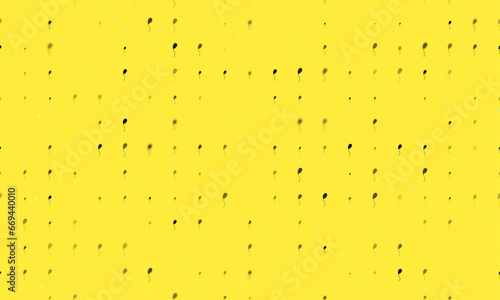 Seamless background pattern of evenly spaced black balloon symbols of different sizes and opacity. Vector illustration on yellow background with stars