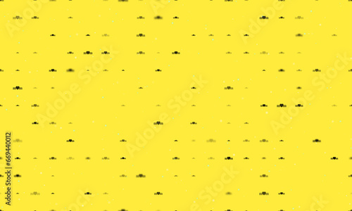 Seamless background pattern of evenly spaced black mother's day symbols of different sizes and opacity. Vector illustration on yellow background with stars