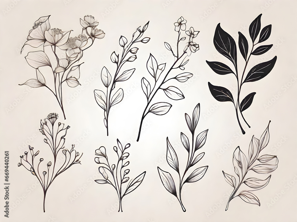 Floral branch and minimalist flowers for logo or tattoo. Hand drawn line wedding herb elegant leaves Floral branch and minimalist flowers for logo or tattoo. Hand drawn line wedding herb elegant leaves