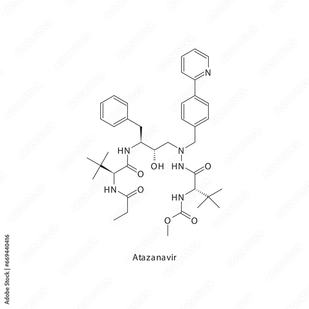 Atazanavir flat skeletal molecular structure Protease inhibitor antivral drug used in HIV treatment. Vector illustration scientific diagram.