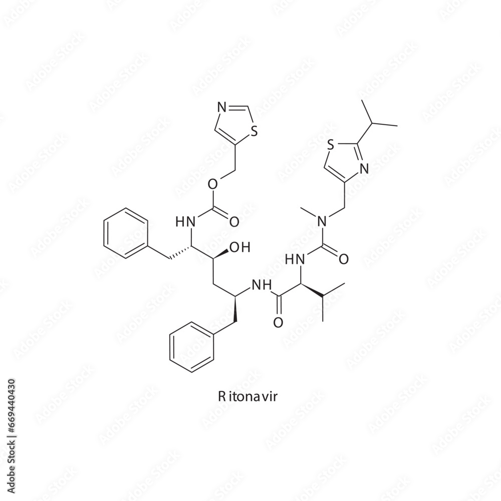 Ritonavir flat skeletal molecular structure Protease inhibitor antivral drug used in HIV treatment. Vector illustration scientific diagram.
