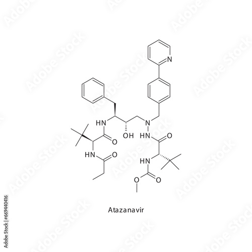 Atazanavir flat skeletal molecular structure Protease inhibitor antivral drug used in HIV treatment. Vector illustration scientific diagram.
