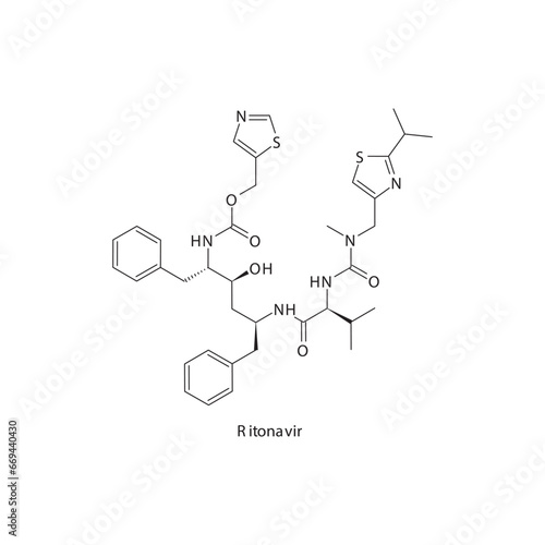 Ritonavir flat skeletal molecular structure Protease inhibitor antivral drug used in HIV treatment. Vector illustration scientific diagram.