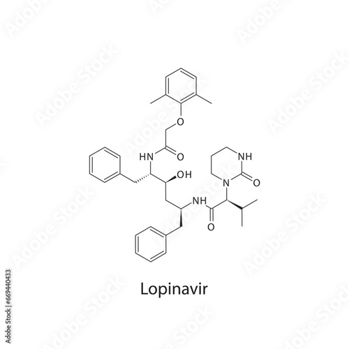 Lopinavir  flat skeletal molecular structure Protease inhibitor antivral drug used in HIV treatment. Vector illustration scientific diagram.