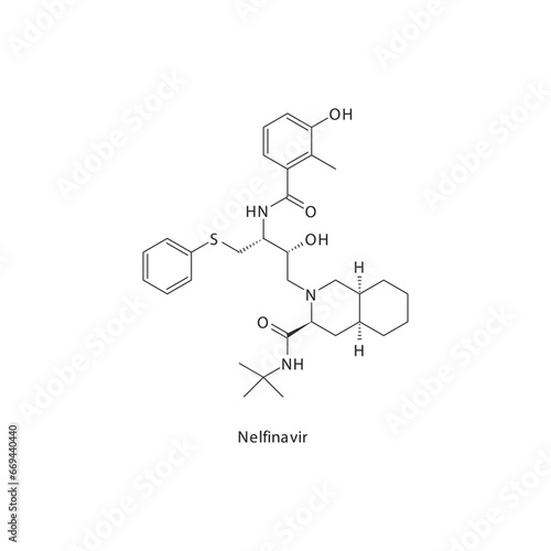Nelfinavir flat skeletal molecular structure Protease inhibitor antivral drug used in HIV treatment. Vector illustration scientific diagram.