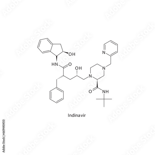 Indinavir  flat skeletal molecular structure Protease inhibitor antivral drug used in HIV treatment. Vector illustration scientific diagram.