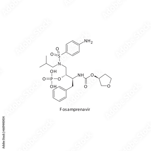 Fosamprenavir  flat skeletal molecular structure Protease inhibitor antivral drug used in HIV treatment. Vector illustration scientific diagram.