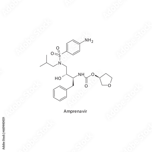 Amprenavir  flat skeletal molecular structure Protease inhibitor antivral drug used in HIV treatment. Vector illustration scientific diagram.