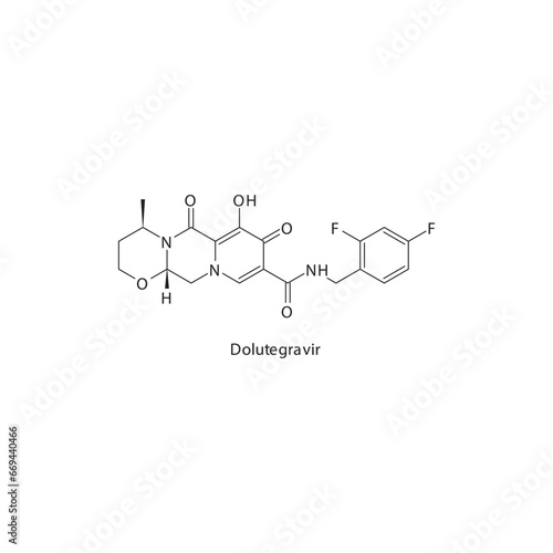 Dolutegravir  flat skeletal molecular structure Integrase Inhibitor antiviral drug used in HIV treatment. Vector illustration scientific diagram.