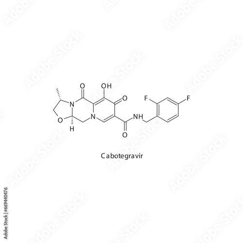 Cabotegravir flat skeletal molecular structure Integrase Inhibitor antiviral drug used in HIV treatment. Vector illustration scientific diagram.