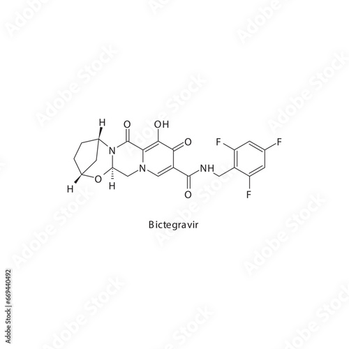 Bictegravir  flat skeletal molecular structure Integrase Inhibitor antiviral drug used in HIV treatment. Vector illustration scientific diagram.