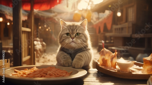Сute cat sells street food on the streets of asian town