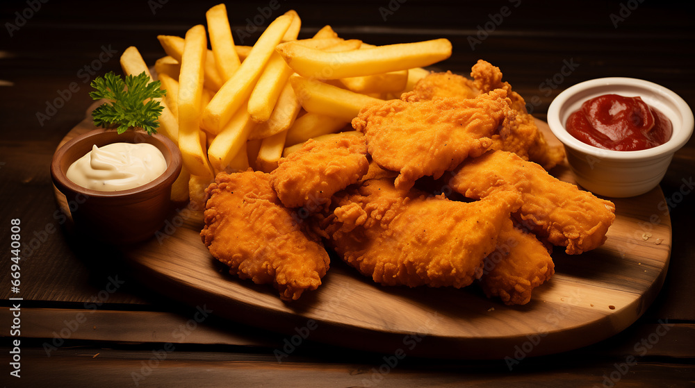 Crispy Fried Chicken with French Fries on a Wooden surface. Ai generative. Crispy Fried Chicken with French Fries on a Wooden surface. Ai generative.