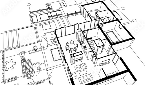house architectural project sketch 3d illustration