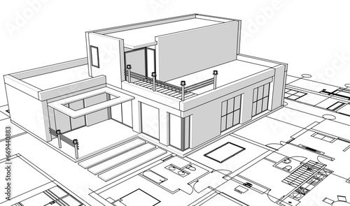 house architectural project sketch 3d illustration