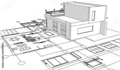 house architectural project sketch 3d illustration