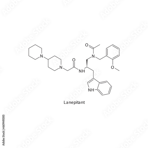 Lanepitant  flat skeletal molecular structure Neurokinin receptor antagonist NKI1 drug used in Analgesia, migraine, arthritis pain treatment. Vector illustration scientific diagram.