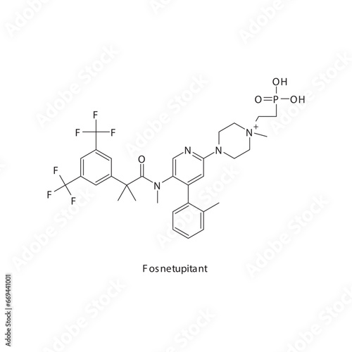 Fosnetupitant flat skeletal molecular structure Neurokinin receptor antagonist NKI1 drug used in Nausea, vomiting treatment. Vector illustration scientific diagram.